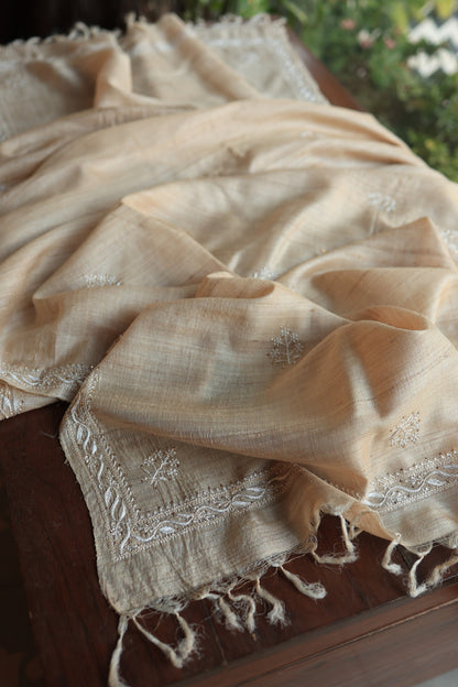 Natural Tussar Resham Chikankari Unstitched Fabric Kurta Dupatta Set