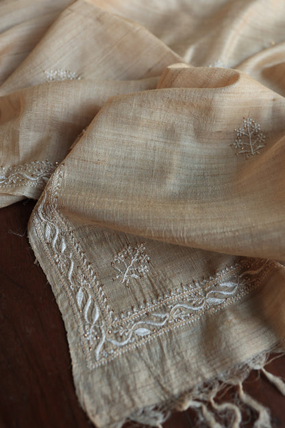 Natural Tussar Resham Chikankari Unstitched Fabric Kurta Dupatta Set