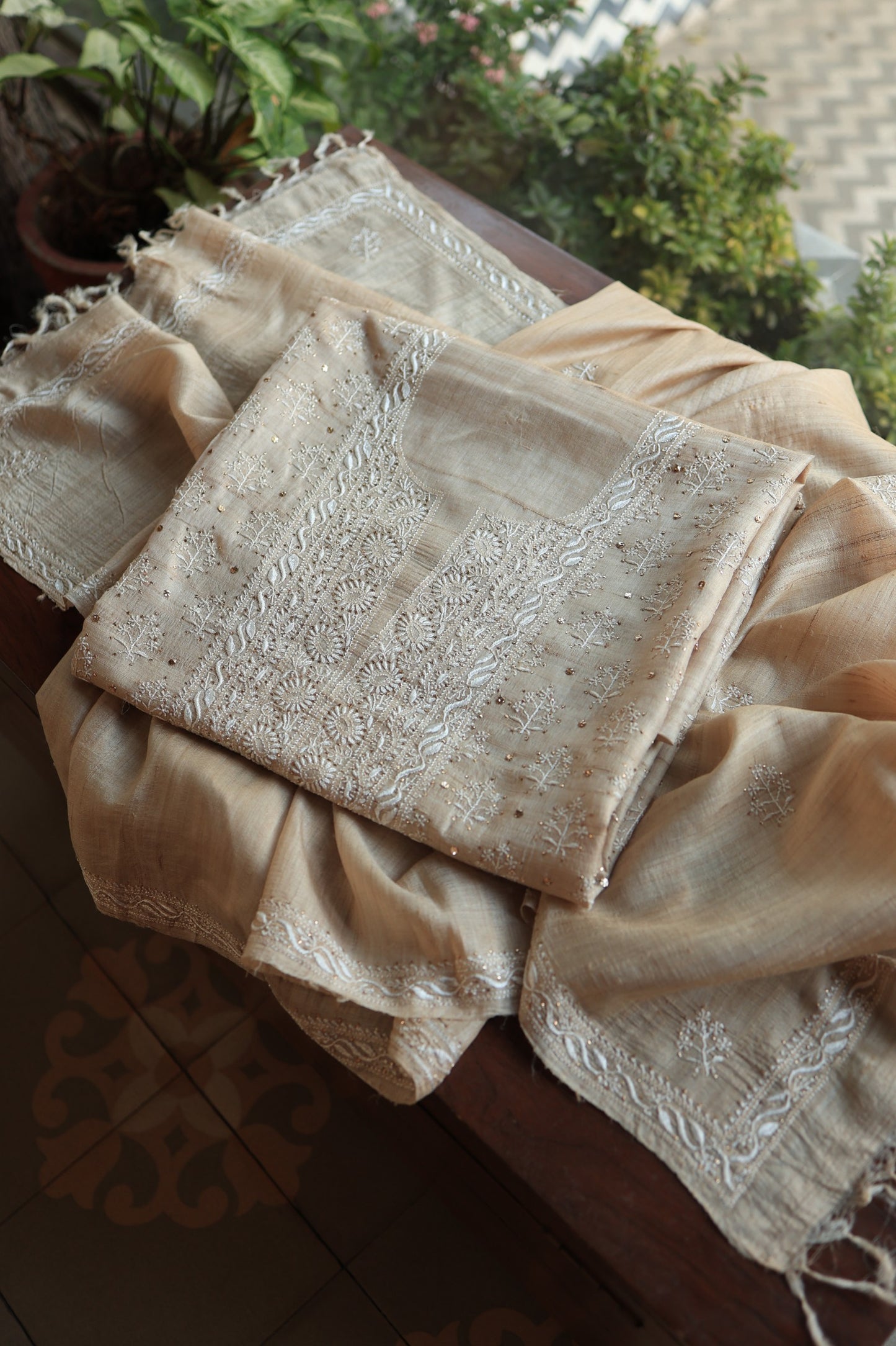 Natural Tussar Resham Chikankari Unstitched Fabric Kurta Dupatta Set