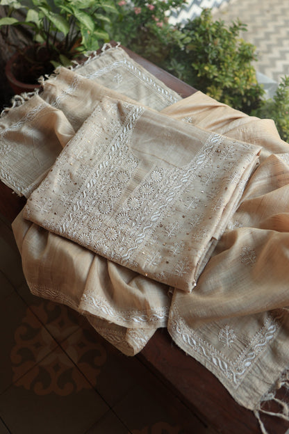 Natural Tussar Resham Chikankari Unstitched Fabric Kurta Dupatta Set