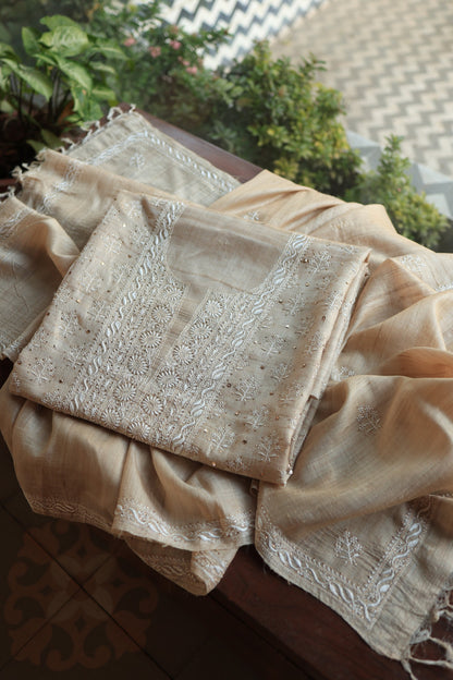 Natural Tussar Resham Chikankari Unstitched Fabric Kurta Dupatta Set