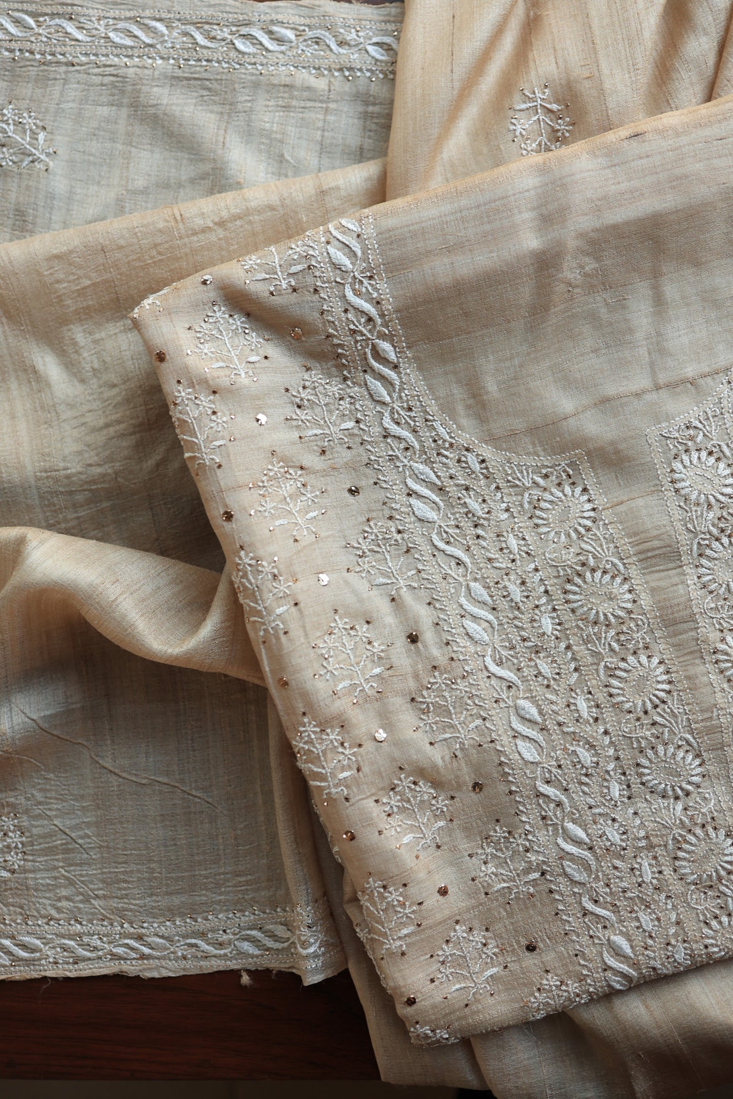 Natural Tussar Resham Chikankari Unstitched Fabric Kurta Dupatta Set