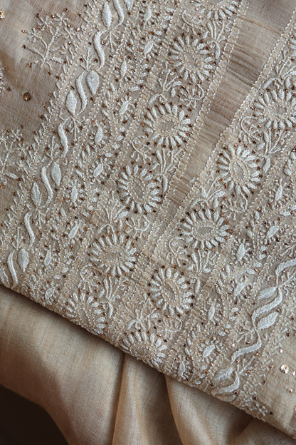 Natural Tussar Resham Chikankari Unstitched Fabric Kurta Dupatta Set