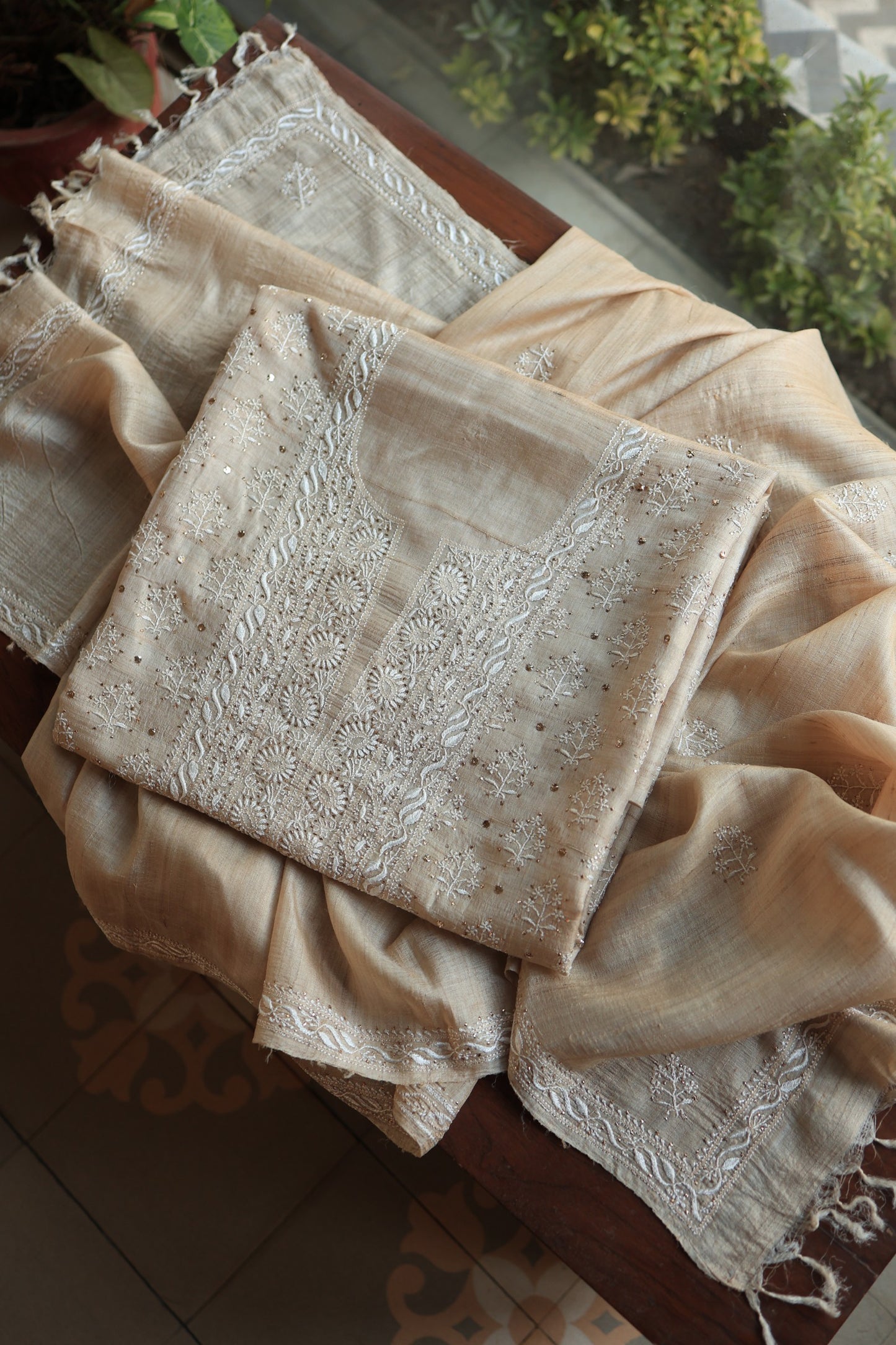 Natural Tussar Resham Chikankari Unstitched Fabric Kurta Dupatta Set
