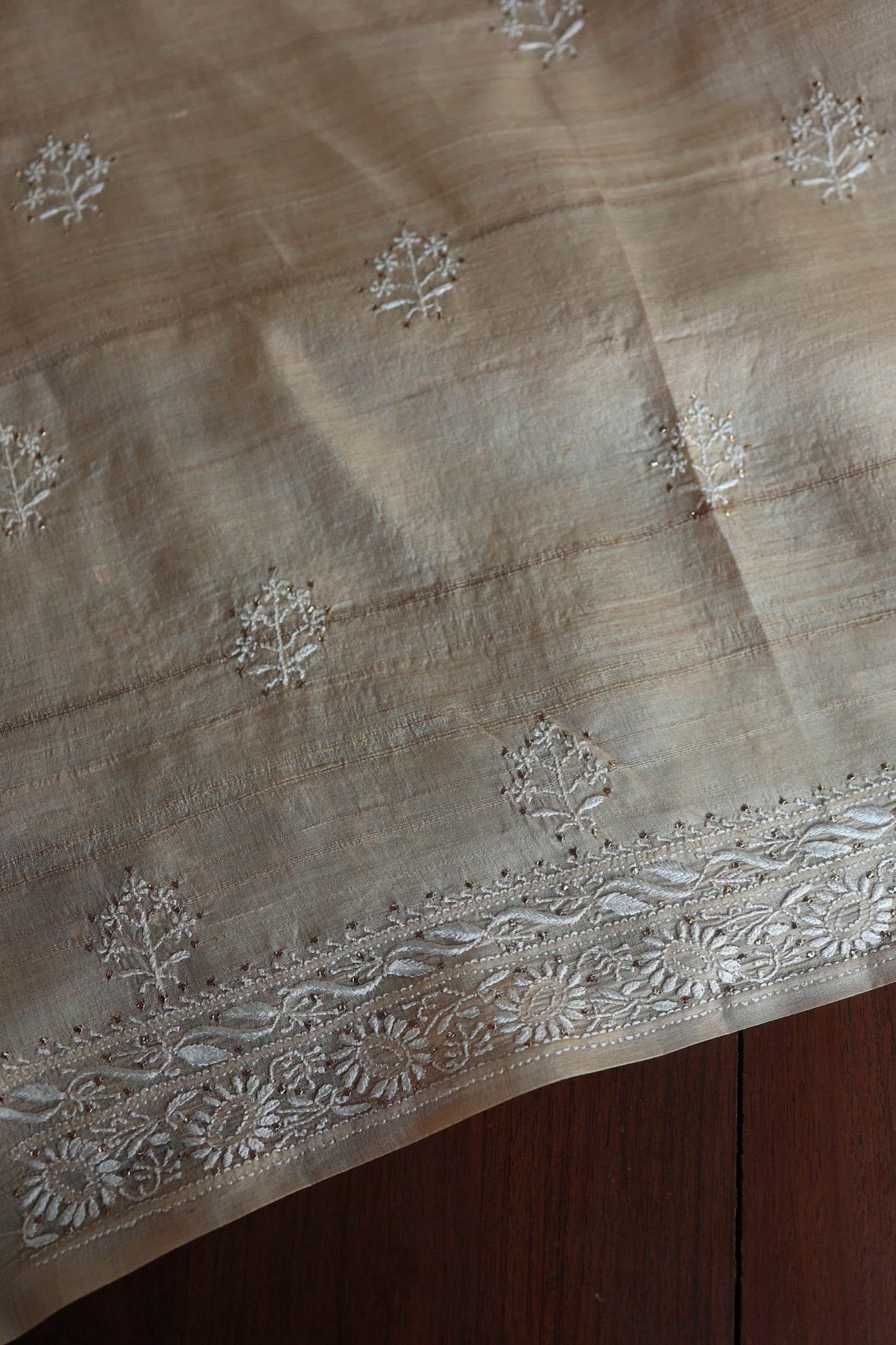 Natural Tussar Resham Chikankari Unstitched Fabric Kurta Dupatta Set