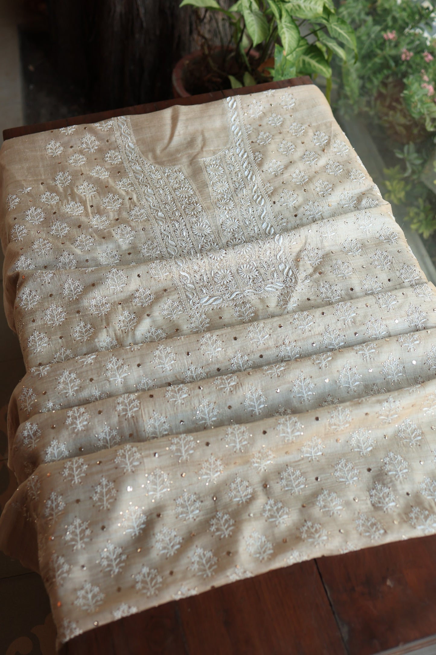 Natural Tussar Resham Chikankari Unstitched Fabric Kurta Dupatta Set