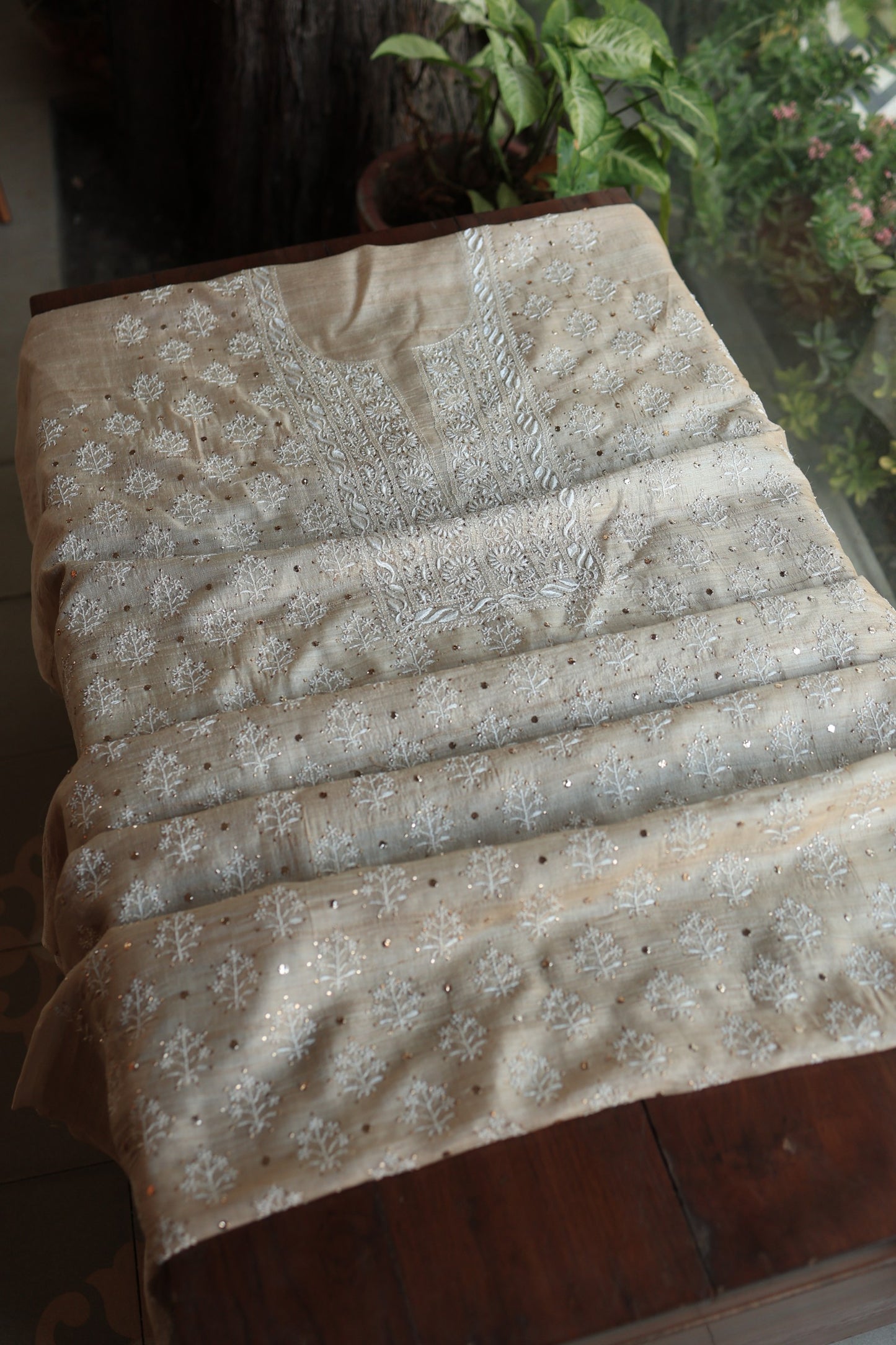 Natural Tussar Resham Chikankari Unstitched Fabric Kurta Dupatta Set