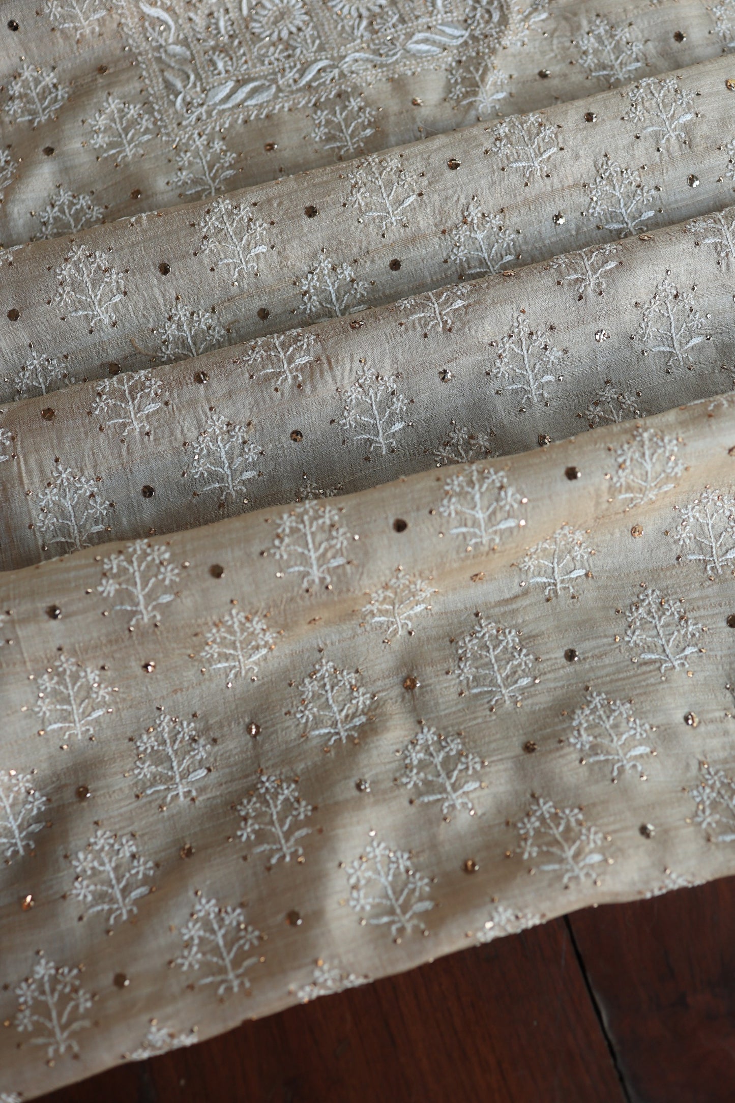 Natural Tussar Resham Chikankari Unstitched Fabric Kurta Dupatta Set