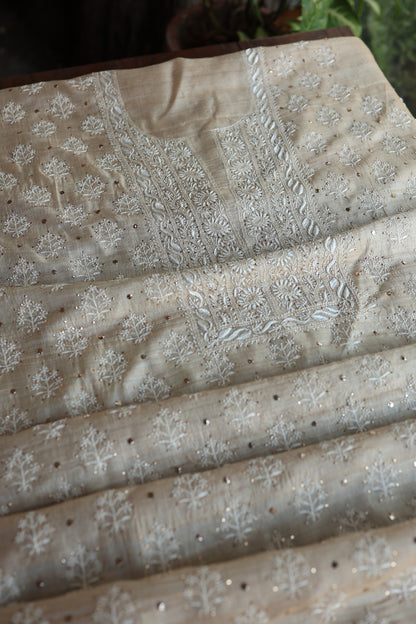 Natural Tussar Resham Chikankari Unstitched Fabric Kurta Dupatta Set