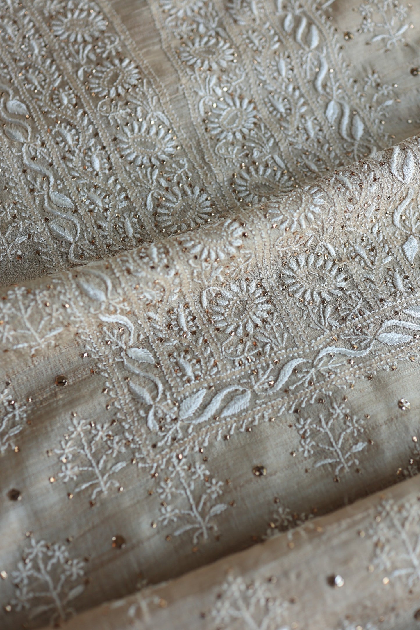 Natural Tussar Resham Chikankari Unstitched Fabric Kurta Dupatta Set