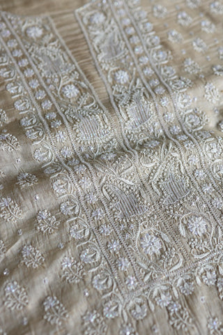 Natural Tussar Silk Ari, Sequins & Beads Work Unstitched Kurta Dupatta Set