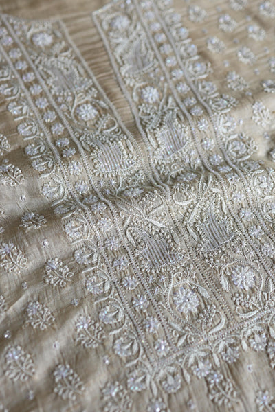 Natural Tussar Silk Ari, Sequins & Beads Work Unstitched Kurta Dupatta Set