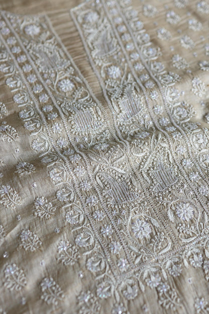 Natural Tussar Silk Ari, Sequins & Beads Work Unstitched Kurta Dupatta Set