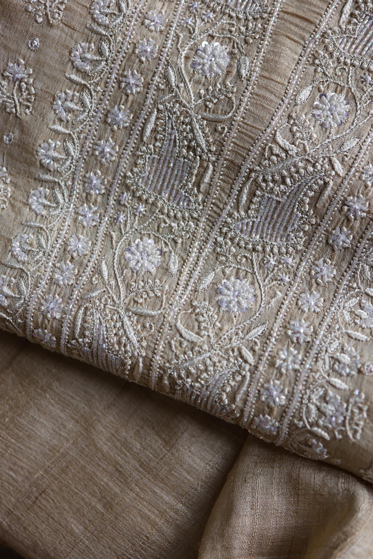 Natural Tussar Silk Ari, Sequins & Beads Work Unstitched Kurta Dupatta Set