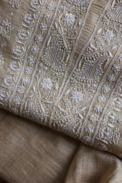 Natural Tussar Silk Ari, Sequins & Beads Work Unstitched Kurta Dupatta Set