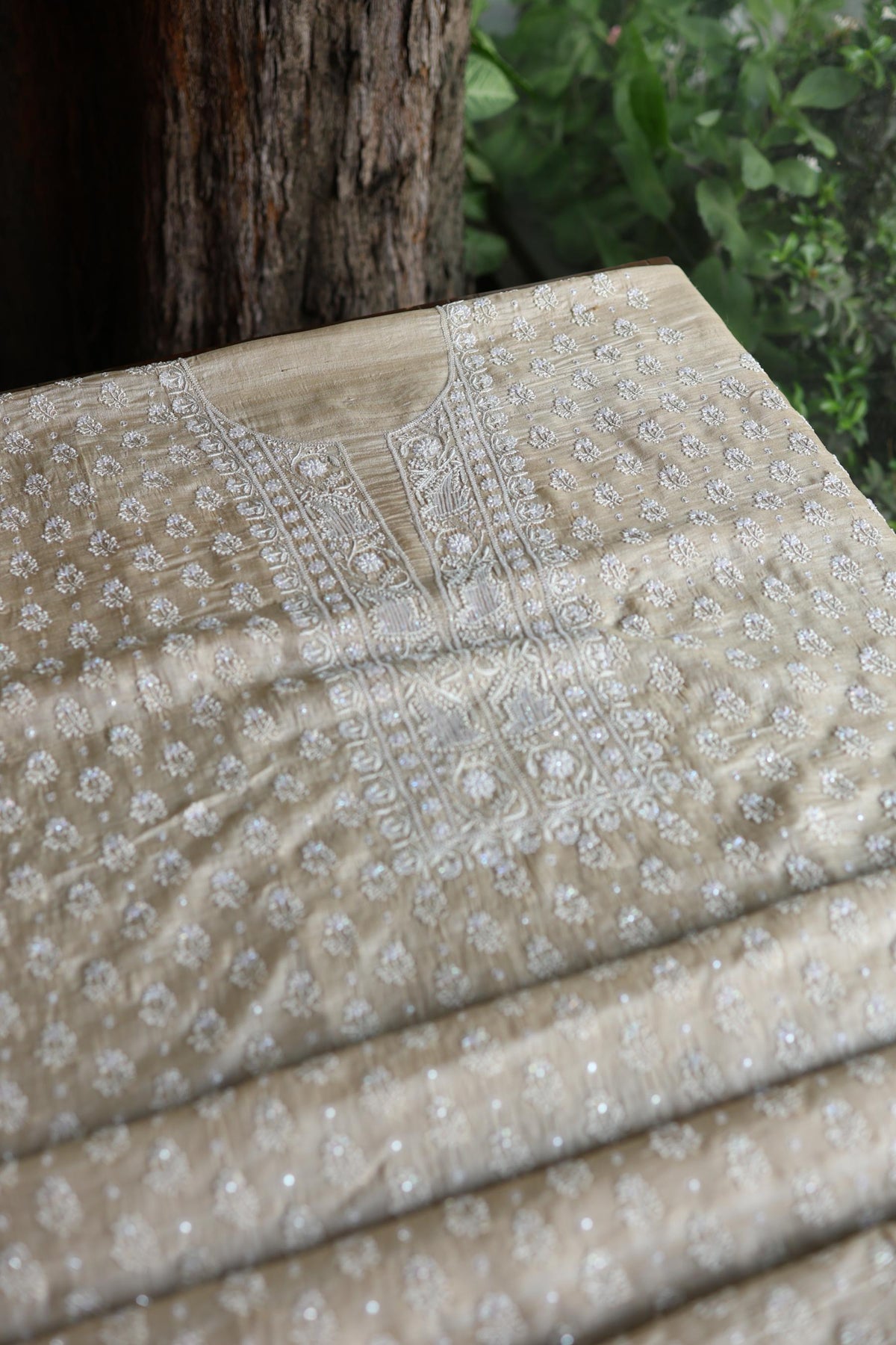 Natural Tussar Silk Ari, Sequins & Beads Work Unstitched Kurta Dupatta Set