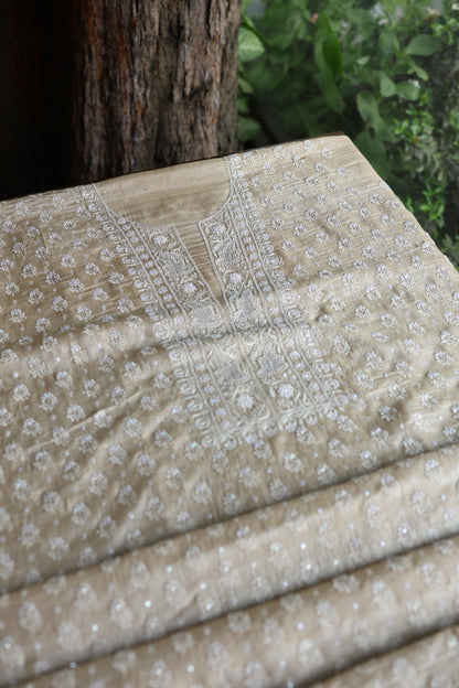 Natural Tussar Silk Ari, Sequins & Beads Work Unstitched Kurta Dupatta Set