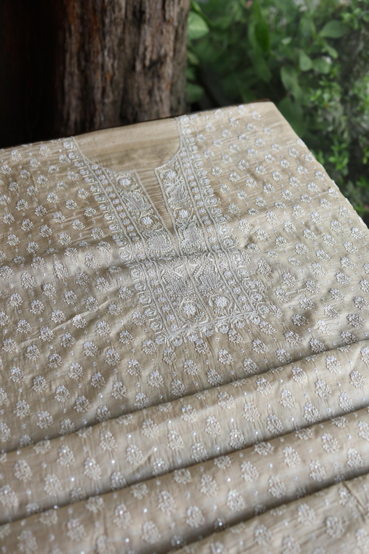 Natural Tussar Silk Ari, Sequins & Beads Work Unstitched Kurta Dupatta Set