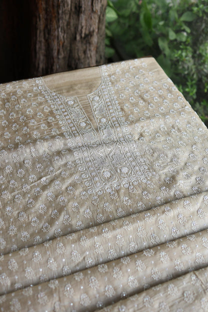 Natural Tussar Silk Ari, Sequins & Beads Work Unstitched Kurta Dupatta Set