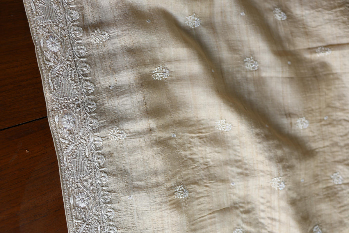 Natural Tussar Silk Ari, Sequins & Beads Work Unstitched Kurta Dupatta Set