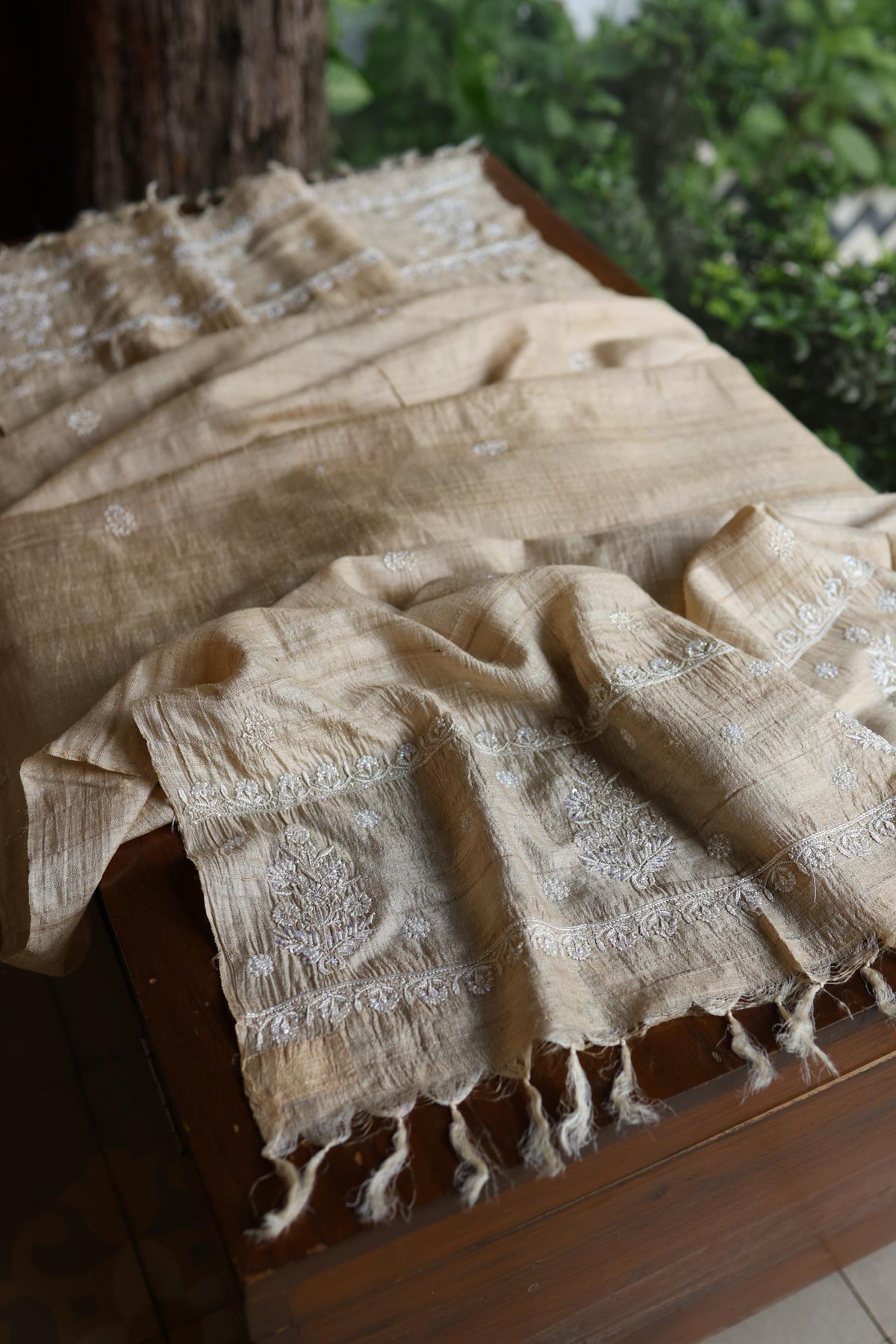 Natural Tussar Silk Ari, Sequins & Beads Work Unstitched Kurta Dupatta Set
