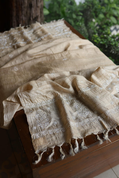 Natural Tussar Silk Ari, Sequins & Beads Work Unstitched Kurta Dupatta Set