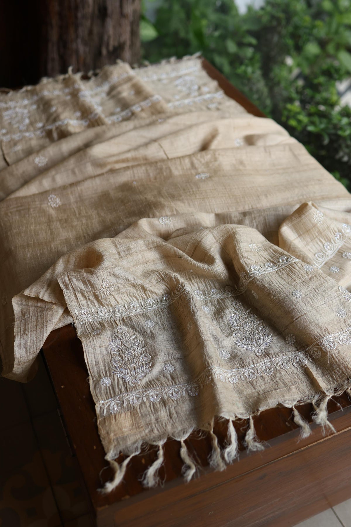 Natural Tussar Silk Ari, Sequins & Beads Work Unstitched Kurta Dupatta Set