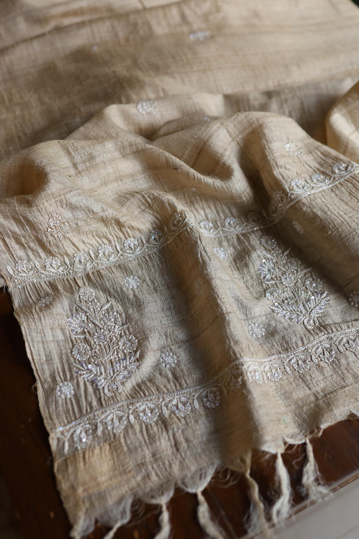 Natural Tussar Silk Ari, Sequins & Beads Work Unstitched Kurta Dupatta Set