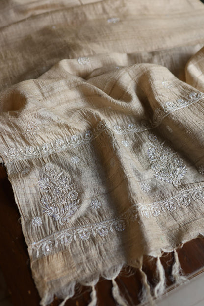 Natural Tussar Silk Ari, Sequins & Beads Work Unstitched Kurta Dupatta Set