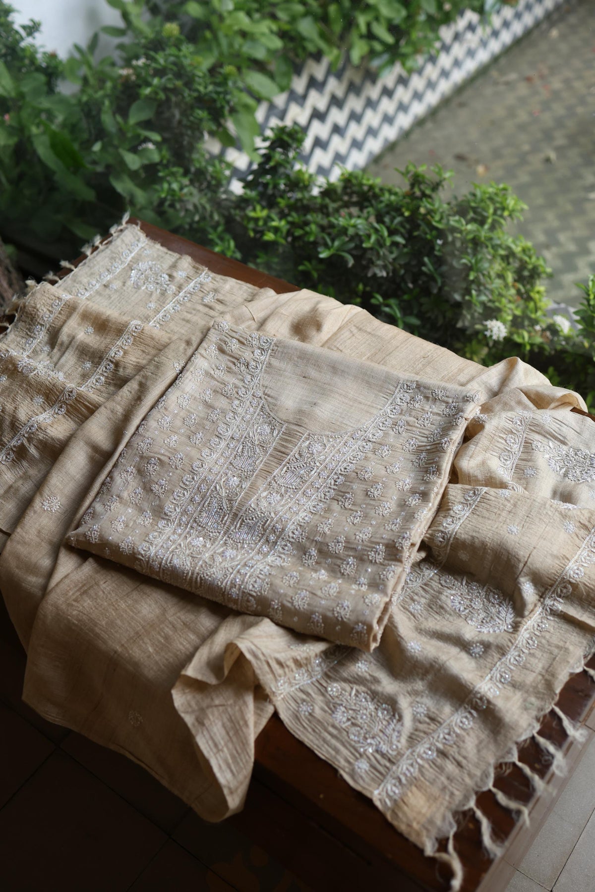 Natural Tussar Silk Ari, Sequins & Beads Work Unstitched Kurta Dupatta Set