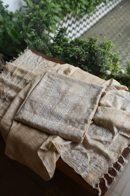 Natural Tussar Silk Ari, Sequins & Beads Work Unstitched Kurta Dupatta Set
