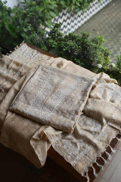 Natural Tussar Silk Ari, Sequins & Beads Work Unstitched Kurta Dupatta Set