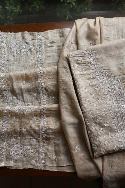 Natural Tussar Silk Ari, Sequins & Beads Work Unstitched Kurta Dupatta Set