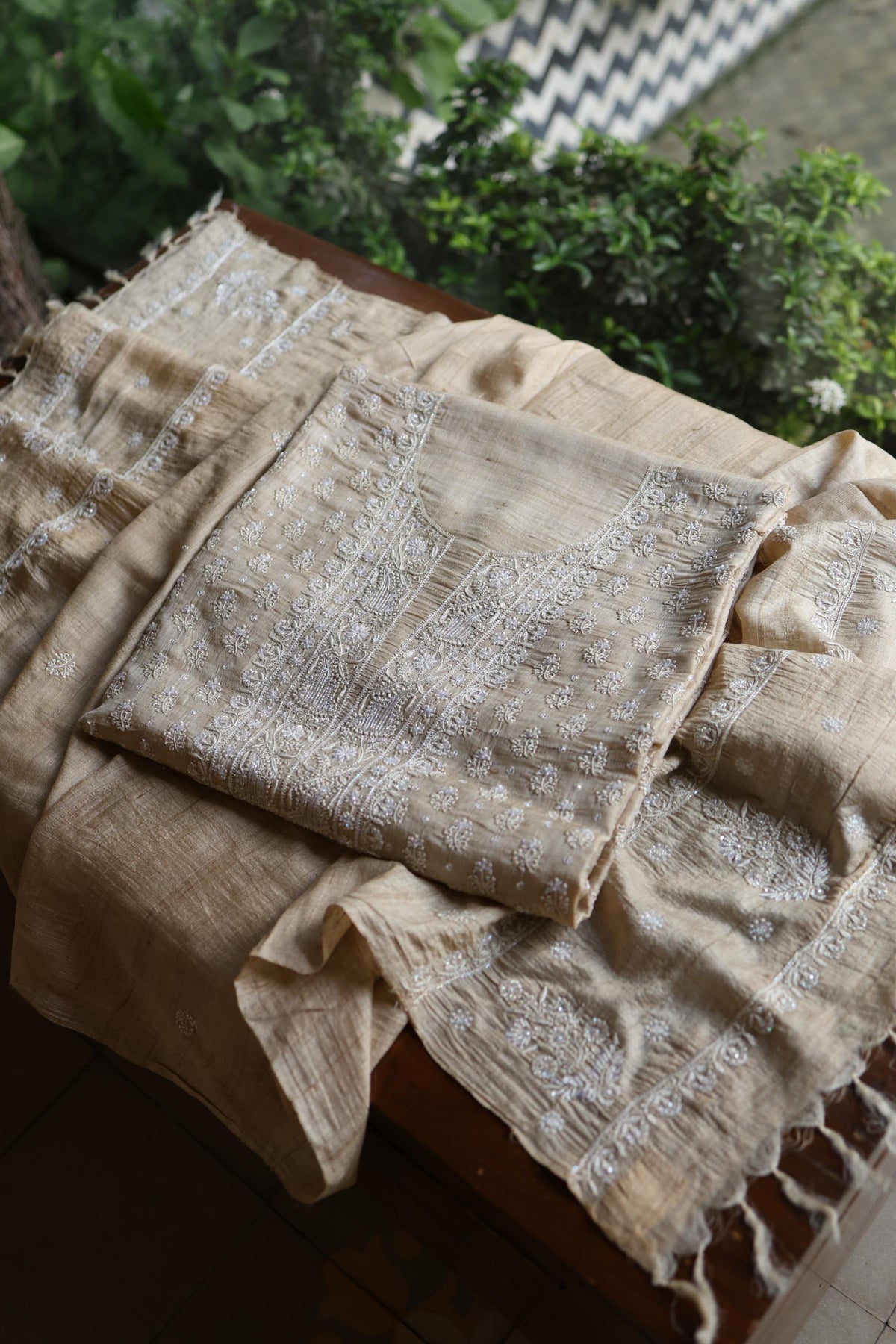 Natural Tussar Silk Ari, Sequins & Beads Work Unstitched Kurta Dupatta Set
