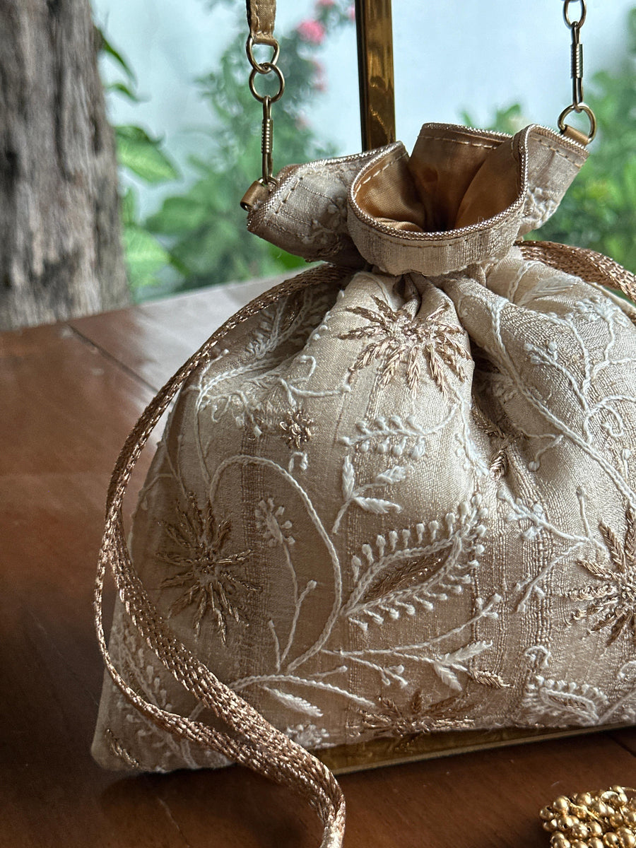 Natural Tussar Silk Chikankari Ari & Kasab Work Potli Bag
