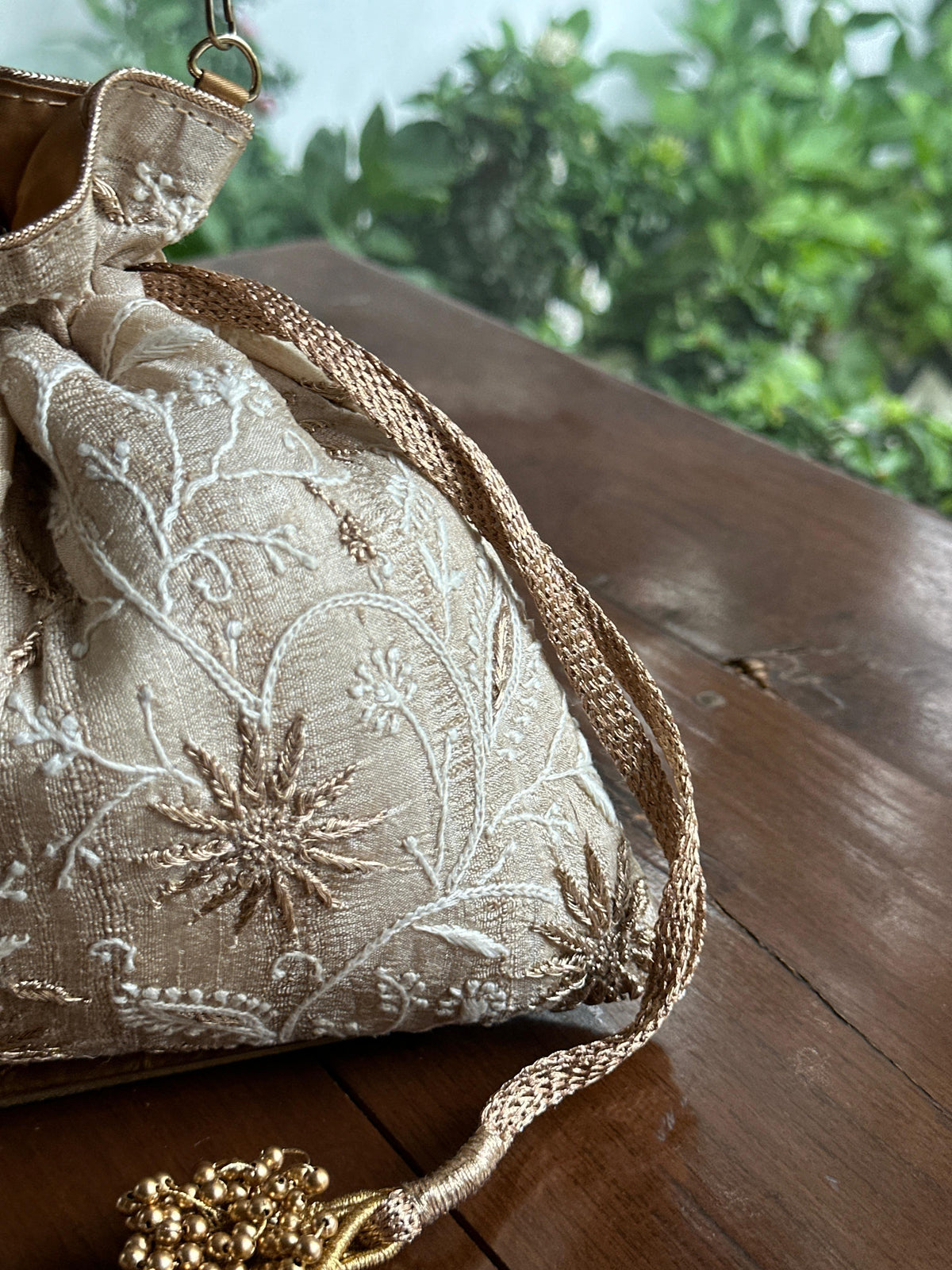 Natural Tussar Silk Chikankari Ari & Kasab Work Potli Bag