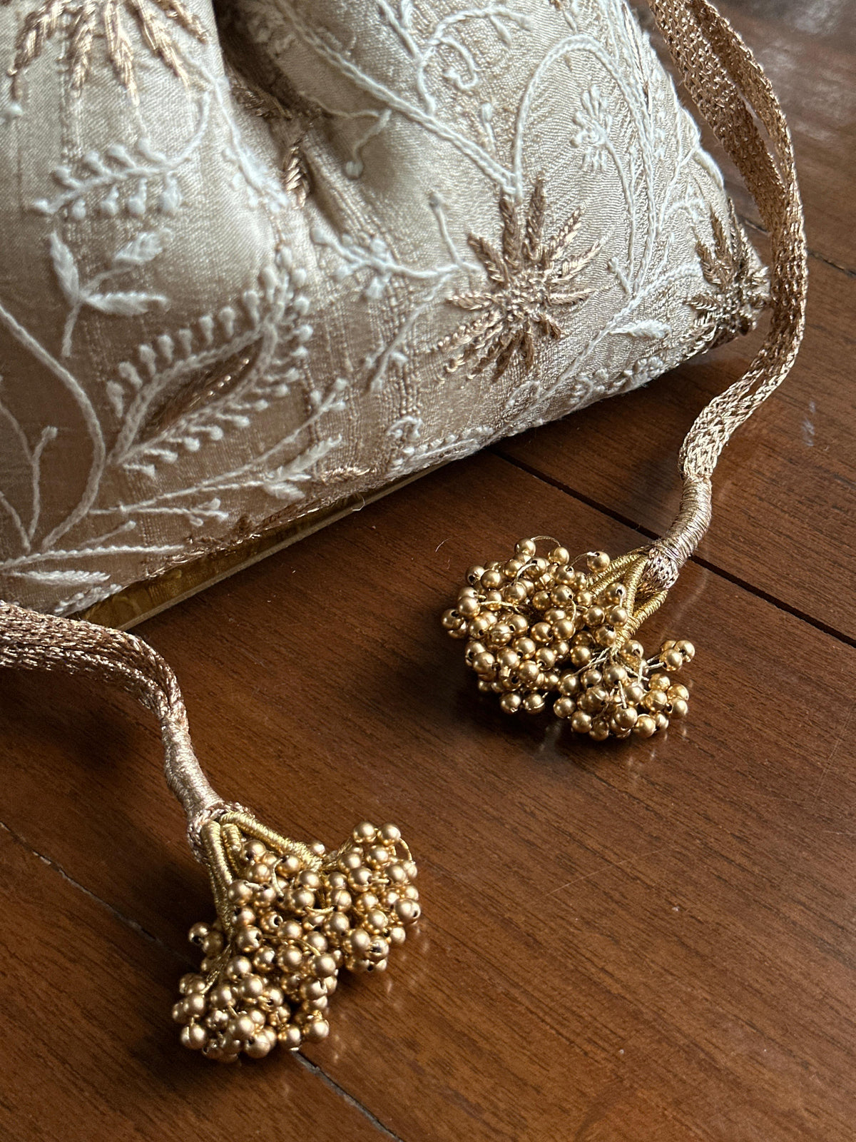 Natural Tussar Silk Chikankari Ari & Kasab Work Potli Bag