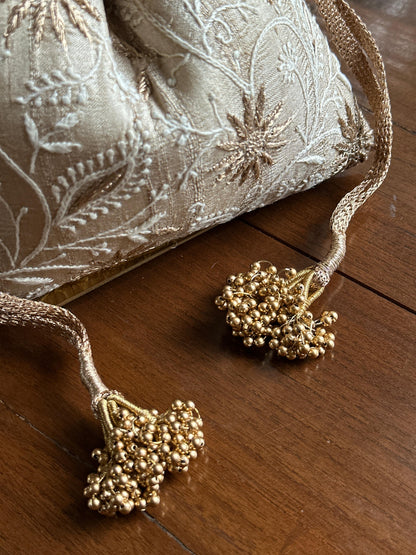 Natural Tussar Silk Chikankari Ari & Kasab Work Potli Bag