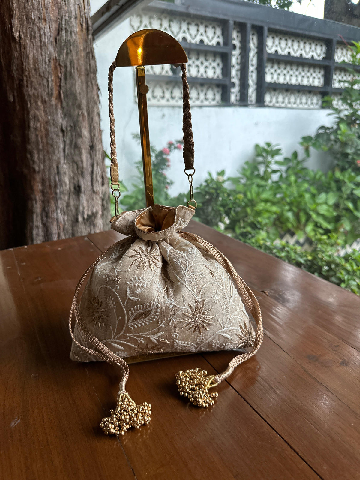 Natural Tussar Silk Chikankari Ari & Kasab Work Potli Bag