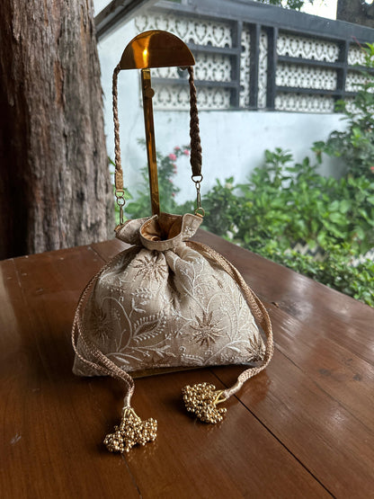 Natural Tussar Silk Chikankari Ari & Kasab Work Potli Bag