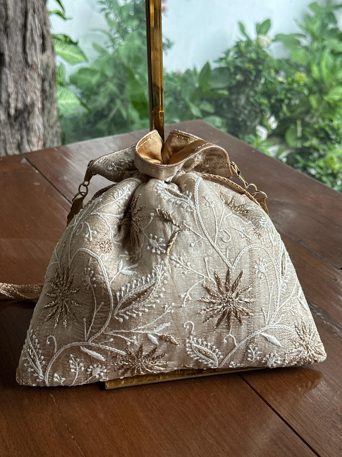 Natural Tussar Silk Chikankari Ari & Kasab Work Potli Bag