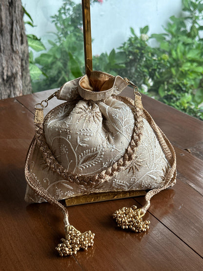 Natural Tussar Silk Chikankari Ari & Kasab Work Potli Bag