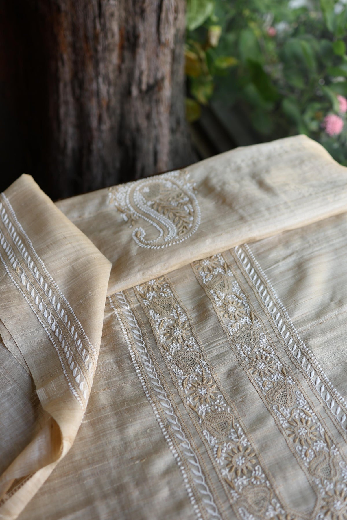 Natural Tussar Silk Chikankari Men’s Kurta Fabric