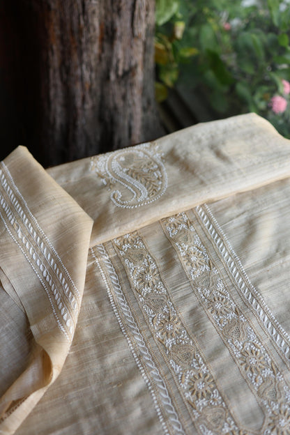 Natural Tussar Silk Chikankari Men’s Kurta Fabric