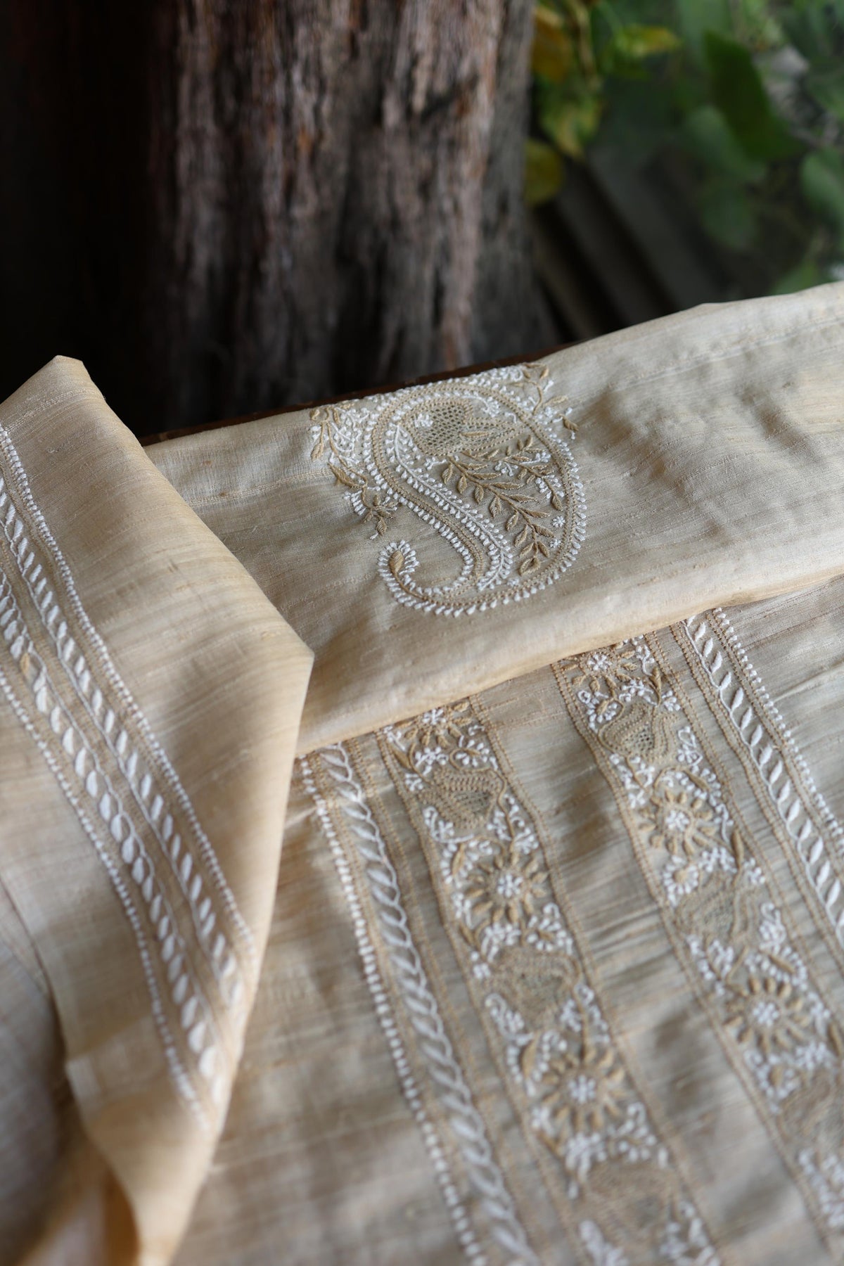 Natural Tussar Silk Chikankari Men’s Kurta Fabric