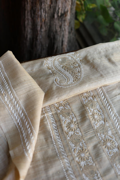 Natural Tussar Silk Chikankari Men’s Kurta Fabric