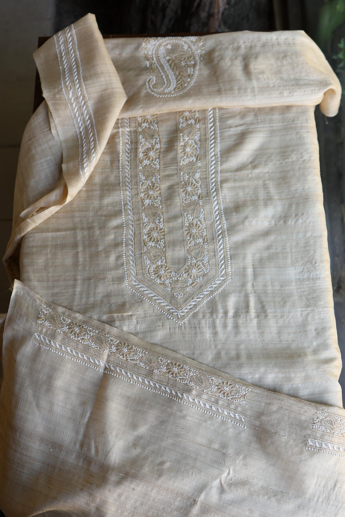 Natural Tussar Silk Chikankari Men’s Kurta Fabric