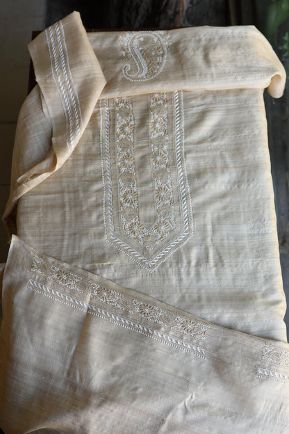 Natural Tussar Silk Chikankari Men’s Kurta Fabric