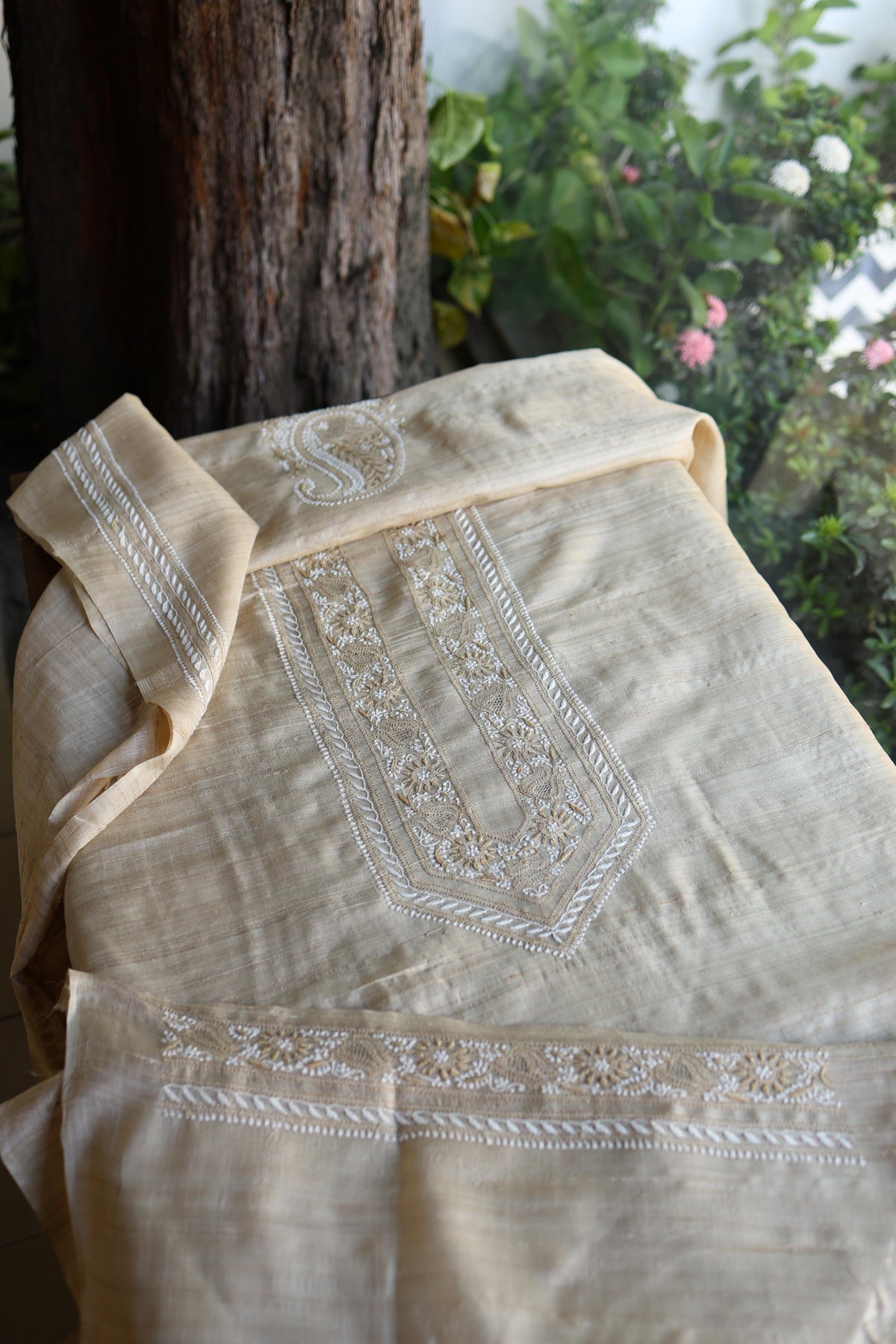 Natural Tussar Silk Chikankari Men’s Kurta Fabric