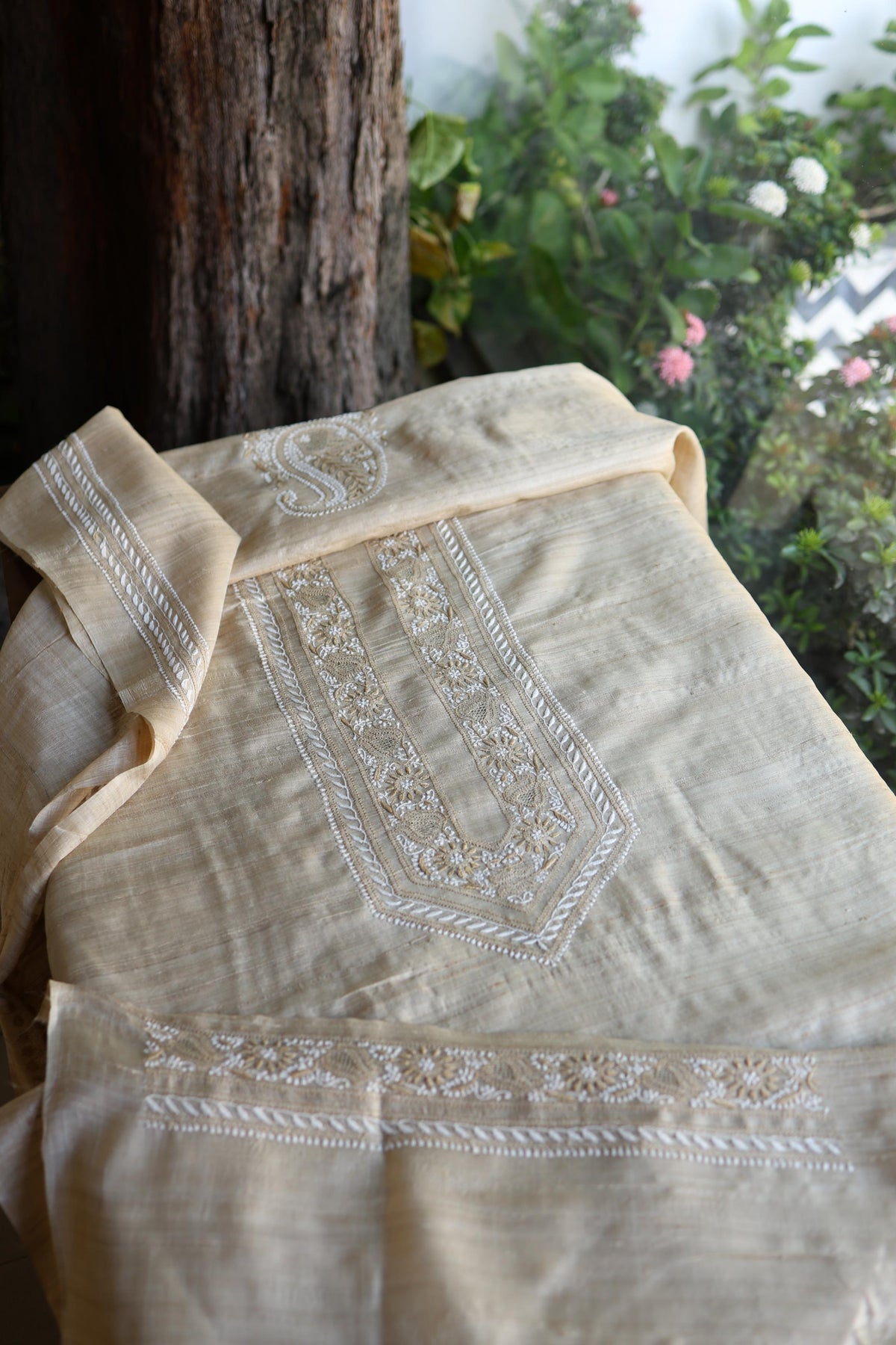 Natural Tussar Silk Chikankari Men’s Kurta Fabric